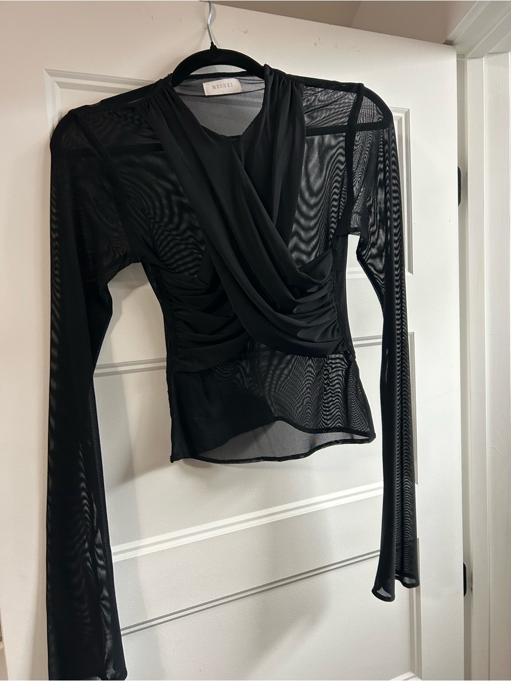 Mesh Draped Long-Sleeve Top and matching skirt- Black